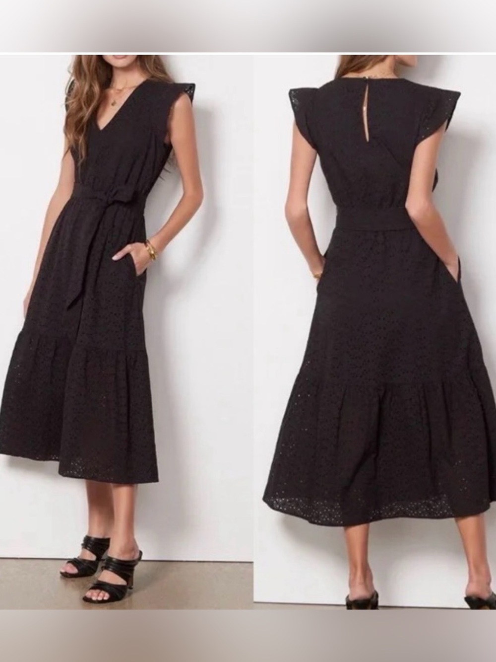 Evereve Elora Eyelet Midi
Dress Black Sleeveless Belted size XS